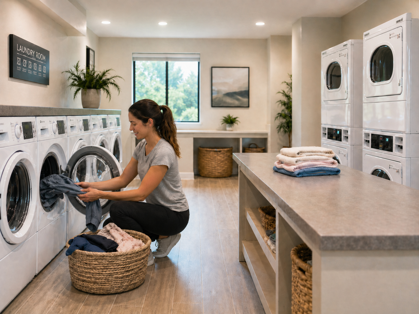 Tenant loading laundry into a brand new washer in a bright modern apartment laundry room