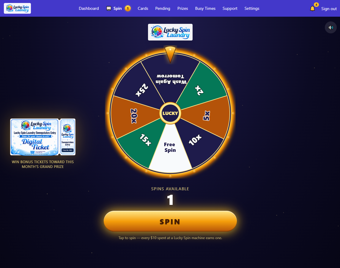 Animated Lucky Spin prize wheel with 2x, 5x, 10x, 15x, 20x, 25x, Free Spin and Wash Again Tomorrow segments