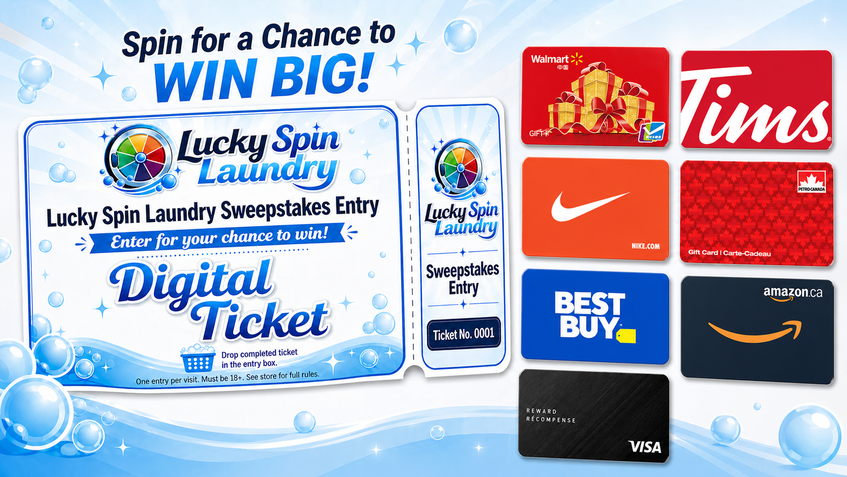 Lucky Spin digital sweepstakes ticket alongside Walmart, Tim Hortons, Nike, Petro Canada, Best Buy, Amazon and Visa gift cards